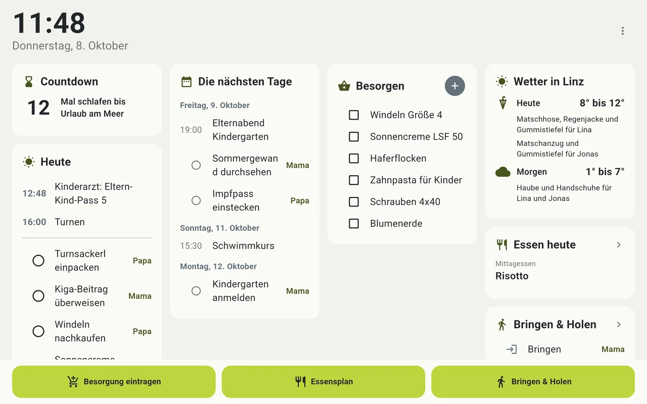 Das Küchen-Display mit Countdown, Terminen, Besorgungen und Wetter