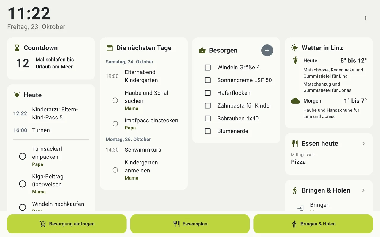 Das Küchen-Display mit Countdown, Terminen, Besorgungen und Wetter