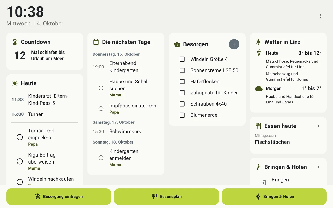 Das Küchen-Display mit Countdown, Terminen, Besorgungen und Wetter