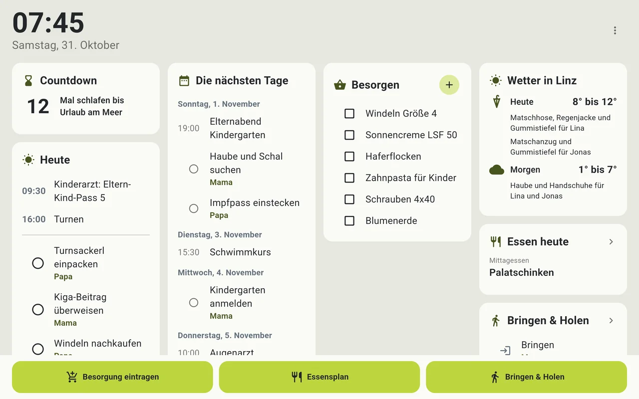 Das Küchen-Display mit Countdown, Terminen, Besorgungen und Wetter