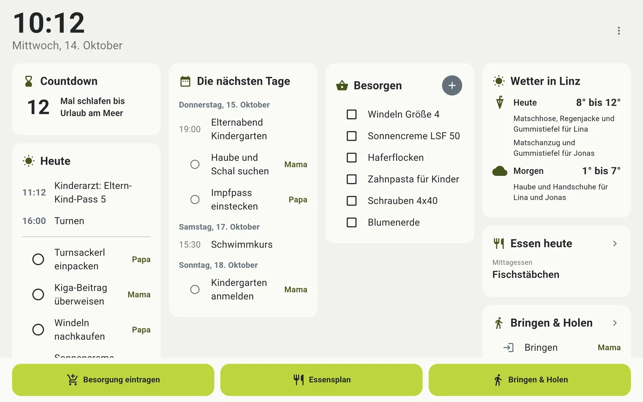 Das Küchen-Display mit Countdown, Terminen, Besorgungen und Wetter