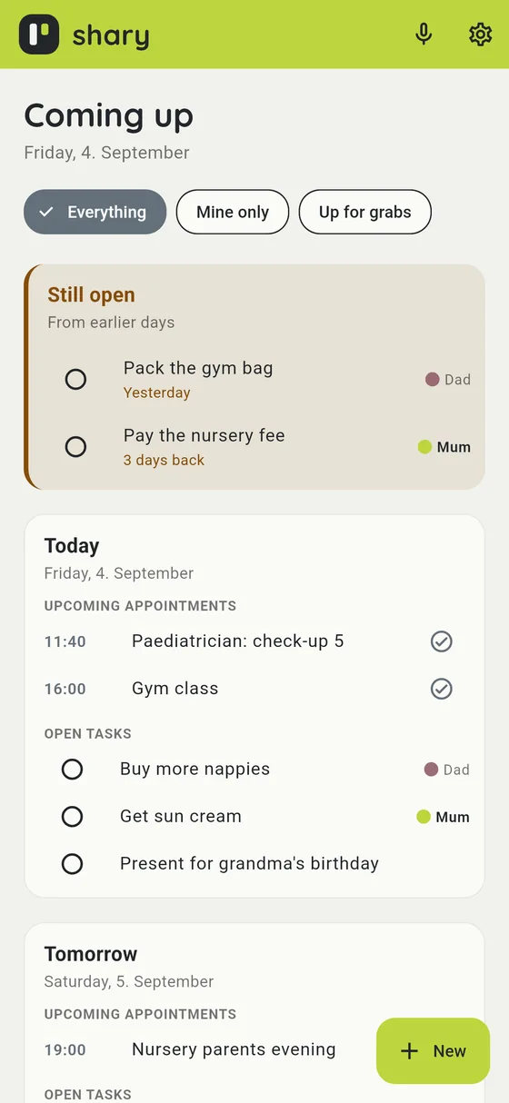 The shary home screen: today's appointments and open tasks
